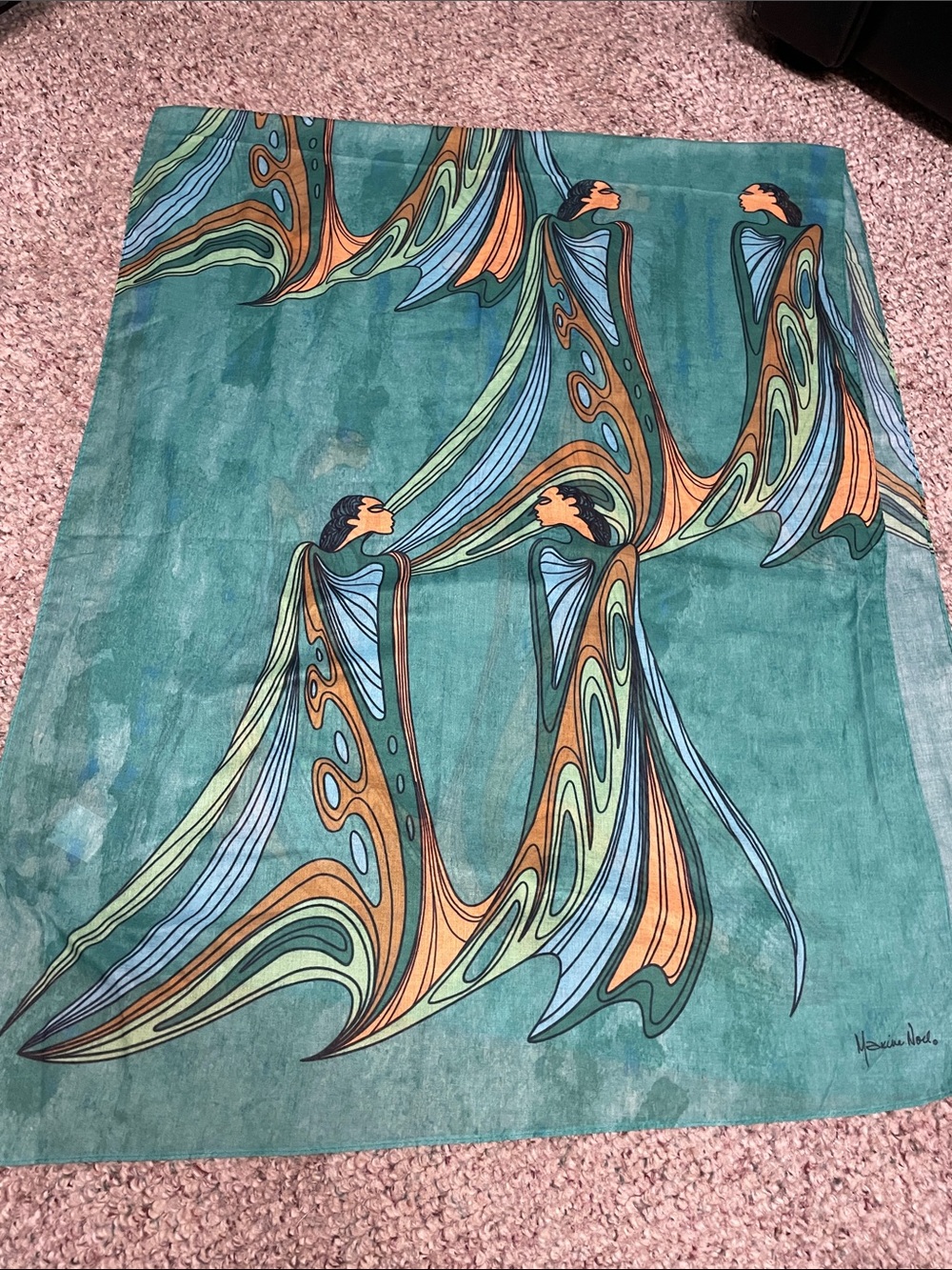 Maxine Noel Teal Art Nouveau Scarf with Orange & Blue Figures- like new